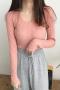 casual slight stretch ribbed knit solid color v-neck sweaters_Pink