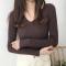 casual slight stretch ribbed knit solid color v-neck sweaters_Pink_Khaki _Brown