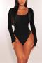 plus size solid color high stretch ribbed knit slim bodysuit_Black