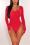 plus size solid color high stretch ribbed knit slim bodysuit_Black_Red