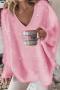 plus size v-neck stretch pearl solid color stylish loose casual sweater_White_Pink