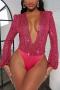 sexy deep v-neck sequin stitching stylish slight stretch slim bodysuit_Magenta