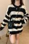 casual slight stretch holes stripe loose sweaters(size run small)_Black
