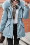 casual slight stretch solid fur draw-string pockets jacket(size run small)_Black_White_Sky Blue