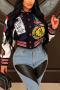 plus size slight stretch fixed printing contrast color casual baseball jacket_Black
