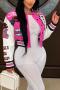 plus size flower letter fixed printing slight stretch casual baseball jacket_Magenta