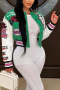plus size flower letter fixed printing slight stretch casual baseball jacket_Magenta_Yellow_Green