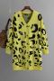 casual slight stretch leopard print knitted cardigan mid length sweater_Gray_Yellow