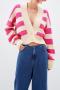 stylish slight stretch knitted striped deep v cardigan thin sweater_Magenta
