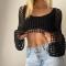 sexy slight stretch solid color hollow crop knitted sweater size run small_Black