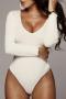 xs-xl sexy slight stretch ribbed knit v-neck long sleeve bodysuit_Black_White