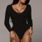 xs-xl sexy slight stretch ribbed knit v-neck long sleeve bodysuit_Black