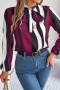 stylish non-stretch 3 colors stripe print long sleeve lace-up all-match blouse_Rose Red