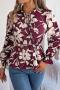 casual non-stretch floral printing long sleeve lace-up all-match blouse_Pink_Rose Red