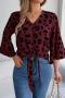 casual non-stretch leopard printing v-neck single-breasted all-match blouse_White_Rose Red