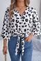casual non-stretch leopard printing v-neck single-breasted all-match blouse_White