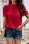 casual non-stretch 5 colors short sleeve all-match blouse(only blouse)_Black_White_Pink_Red