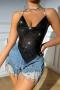 sexy 4-colors solid metal sequins chain halter neck backless irregular vest_Black