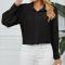 casual plus size non-stretch solid color long-sleeved blouse_Black