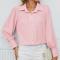 casual plus size non-stretch solid color long-sleeved blouse_Black_White_Pink