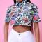 sexy plus size non-stretch batch printing crop top_Black_White