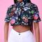 sexy plus size non-stretch batch printing crop top_Black