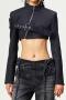 sexy slight stretch 3 color crew neck zip-up crop jacket size run small_Black