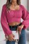 exquisite non-stretch chiffon 5 colors square-neck lace-up all-match crop blouse_Pink_Rose Red_Magenta