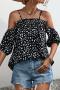 casual slight stretch printing sling loose blouse_Black