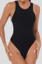 casual plus size high stretch weave pattern crew neck bodysuit_Black