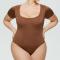 sexy plus size high stretch 5 colors square neck bodysuit_Black_White_Rose Red_Beige_Brown