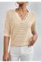 casual slight stretch solid color v-neck cut-out knitwear short-sleeved sweaters_Black_Gray_Beige