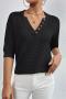 casual slight stretch solid color v-neck cut-out knitwear short-sleeved sweaters_Black