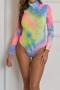new sexy slight stretch tie-dye high-necked long-sleeved bodysuit_Red_Blue_Multicolor