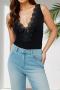 sexy slight stretch lace stitching v-neck backless all-match bodysuit_Black