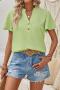 stylish non-stretch solid color v-neck button decoration loose short-sleeved top_White_Green