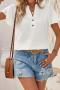 stylish non-stretch solid color v-neck button decoration loose short-sleeved top_White