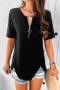 stylish slight stretch zip-up solid color simple loose casual t-shirt_Black