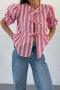 sexy non-stretch striped printed loose lace-up short-sleeved shirt_Magenta