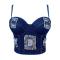 sexy non-stretch padded rhinestone rubber bone hole denim tight sling vest_Blue_Dark Blue