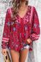 stylish slight stretch laced 4 colors flower batch printing loose casual blouse_Red