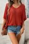 pure color slight stretch v-neck bat sleeve casual loose sweater top_Black_White_Red