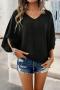 pure color slight stretch v-neck bat sleeve casual loose sweater top_Black