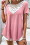 new casual slight stretch 3-color lace stitching crew neck loose top_Gray_Pink