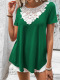 new casual slight stretch 3-color lace stitching crew neck loose top_Gray_Pink_Green