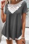 new casual slight stretch 3-color lace stitching crew neck loose top_Gray