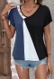 casual stylish slight stretch 3-color color-blocked stitching short sleeve top_Gray_Rose Red_Blue