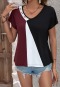 casual stylish slight stretch 3-color color-blocked stitching short sleeve top_Gray_Rose Red