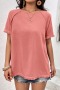 new casual slight stretch contrast color round neck tassel stitching loose top_Pink