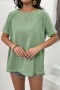 new casual slight stretch contrast color round neck tassel stitching loose top_Pink_Green